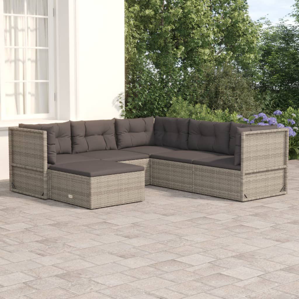 vidaXL 6 Piece Garden Lounge Set with Cushions Grey Poly Rattan