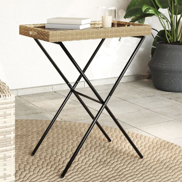 vidaXL Folding Tray Table Beige 65x40x75 cm Poly Rattan