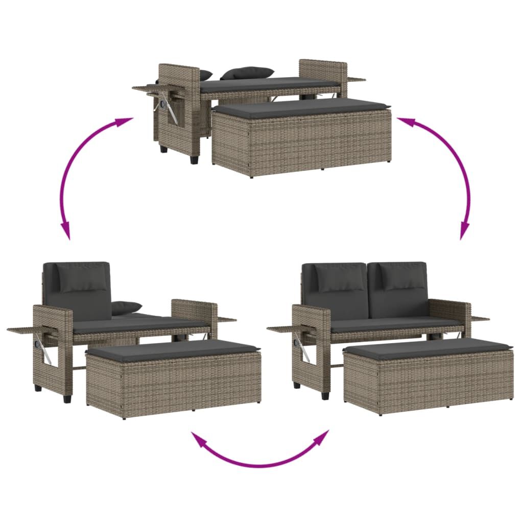 vidaXL Reclining Garden Bench with Cushions Grey Poly Rattan