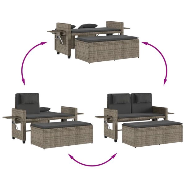 vidaXL Reclining Garden Bench with Cushions Grey Poly Rattan