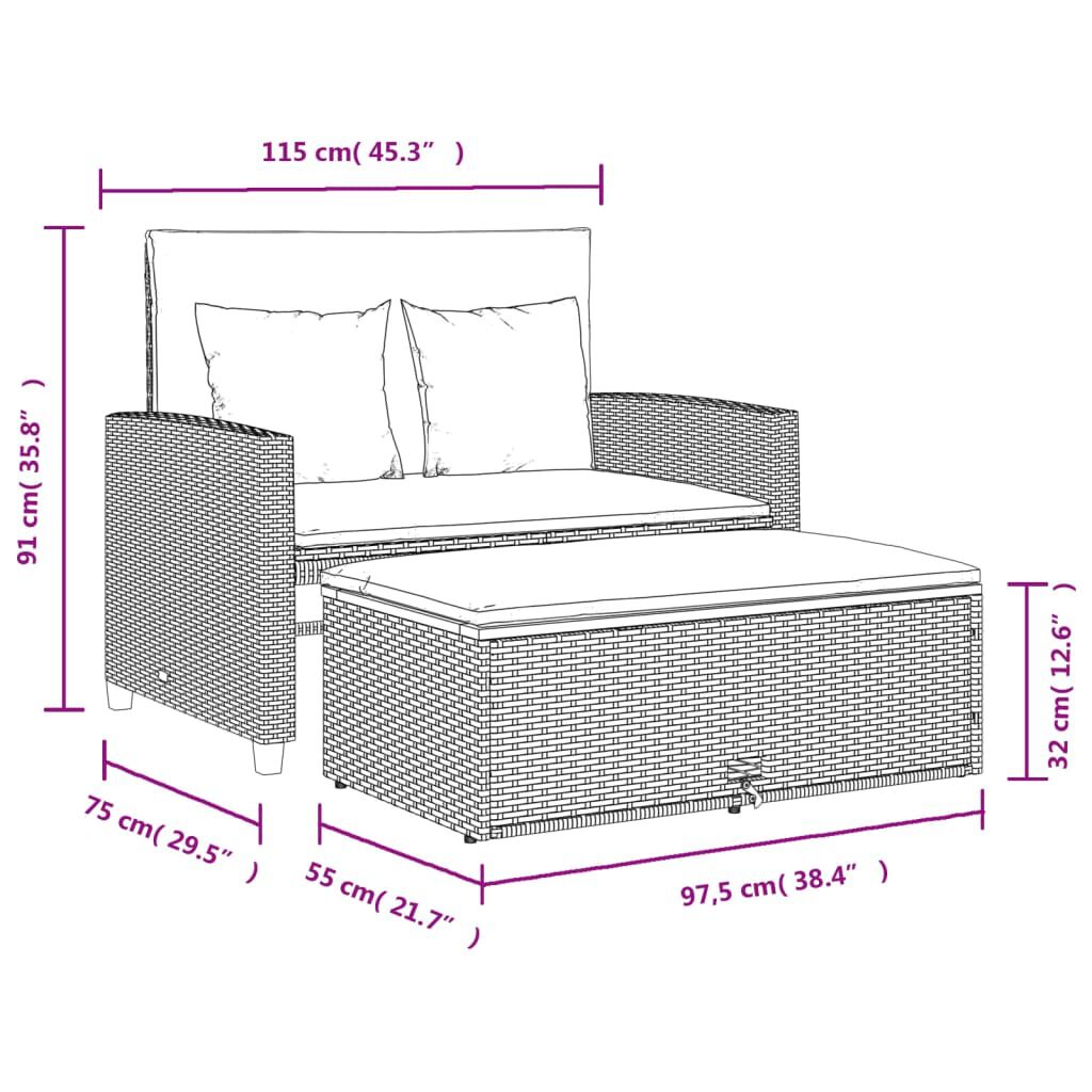 vidaXL Garden Sofa with Cushions 2-Seater Grey Poly Rattan&Acacia Wood