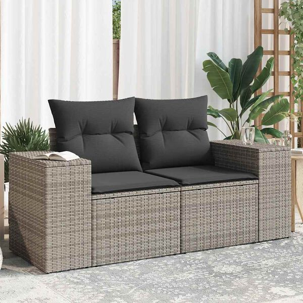 vidaXL Garden Sofa with Cushions 2-Seater Grey Poly Rattan