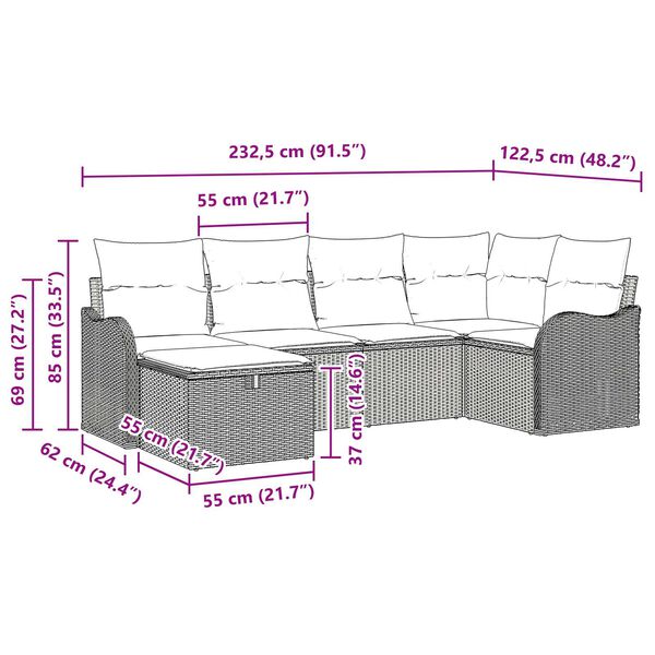 vidaXL 6 Piece Garden Sofa Set with Cushions Grey Poly Rattan