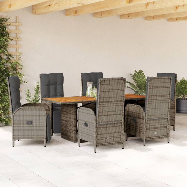 vidaXL 7 Piece Garden Dining Set with Cushions Grey Poly Rattan