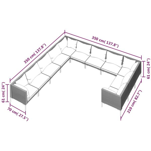 vidaXL 11 Piece Garden Lounge Set with Cushions Poly Rattan Dark Grey