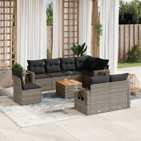 vidaXL 9 Piece Garden Sofa Set with Cushions Grey Poly Rattan