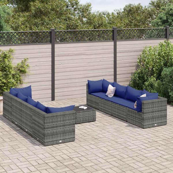 vidaXL 9 Piece Garden Lounge Set with Cushions Grey Poly Rattan