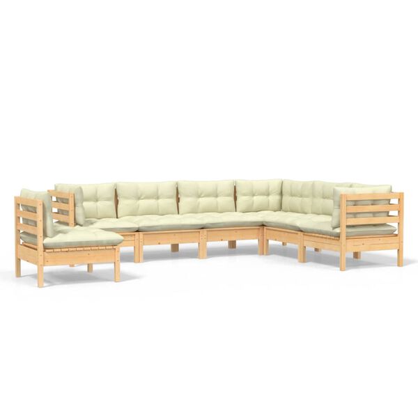 vidaXL 7 Piece Garden Lounge Set with Cream Cushions Solid Pinewood