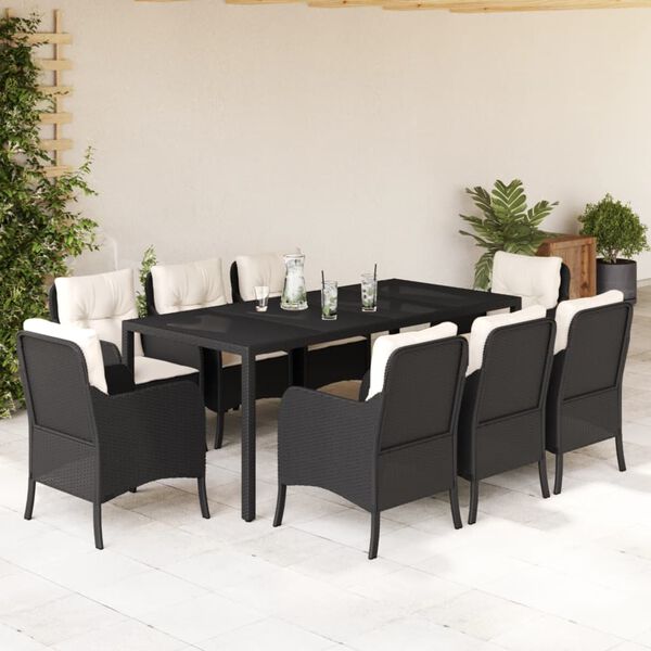 vidaXL 9 Piece Garden Dining Set with Cushions Black Poly Rattan