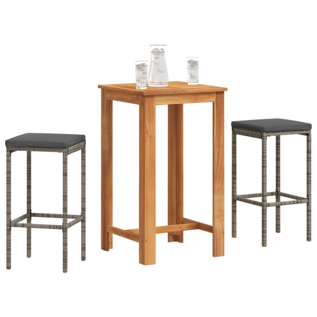 vidaXL 3 Piece Garden Bar Set Grey Solid Wood Acacia and Poly Rattan