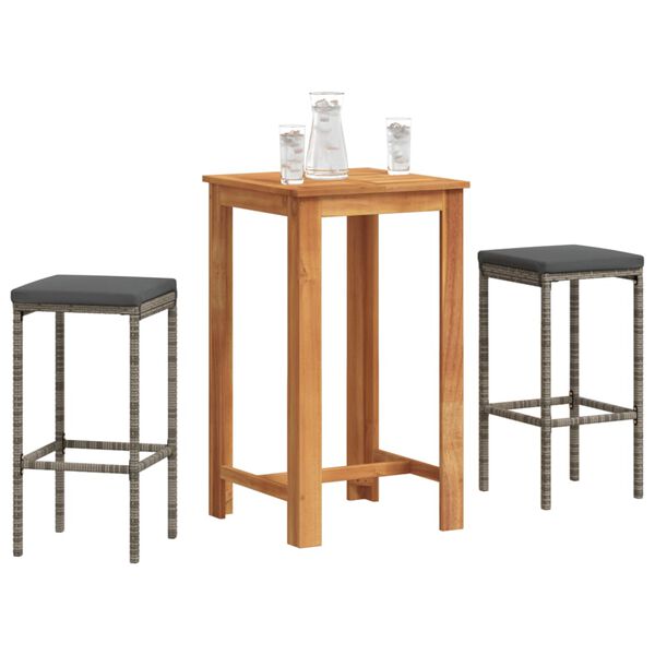vidaXL 3 Piece Garden Bar Set Grey Solid Wood Acacia and Poly Rattan