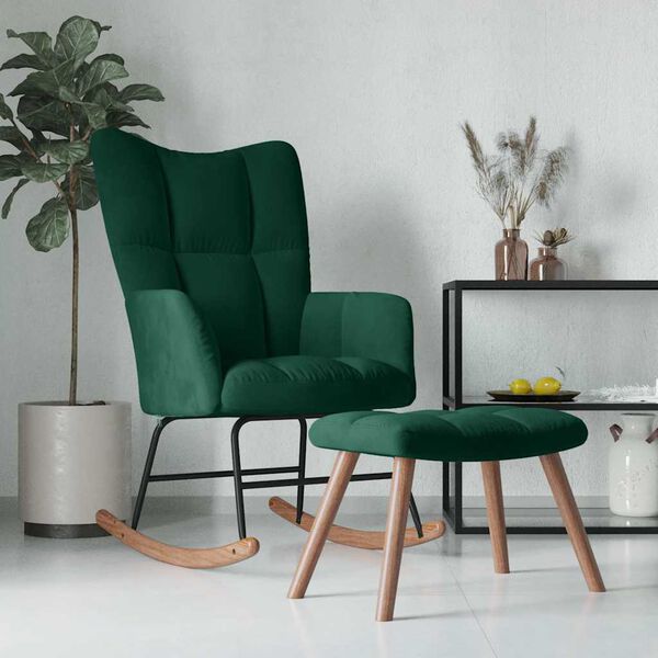 vidaXL Rocking Chair with a Stool Dark Green Velvet