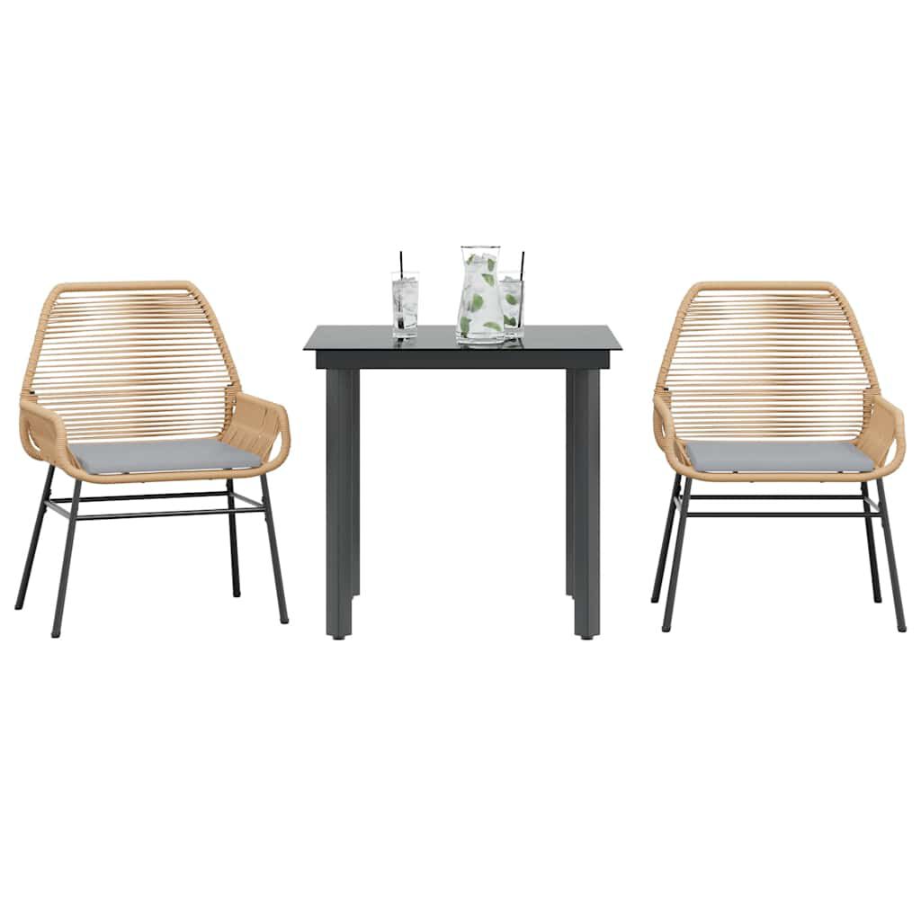 vidaXL 3 Piece Garden Dining Set with Cushions Brown Poly Rattan Glass