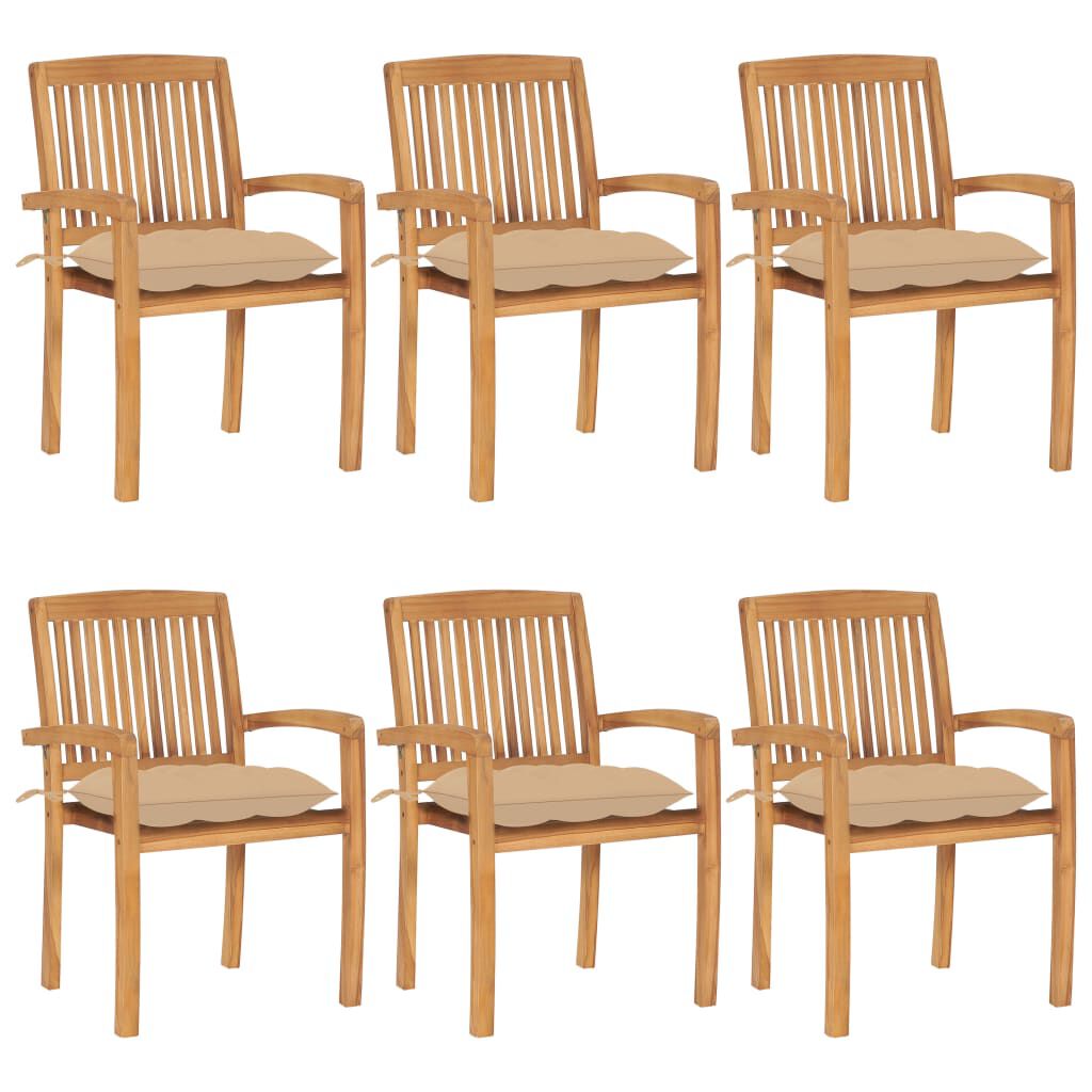 vidaXL Stacking Garden Chairs with Cushions 6 pcs Solid Teak Wood