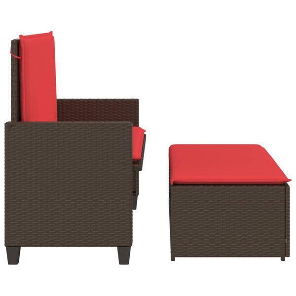 vidaXL Garden Bench with Cushions and Footstool Brown Poly Rattan