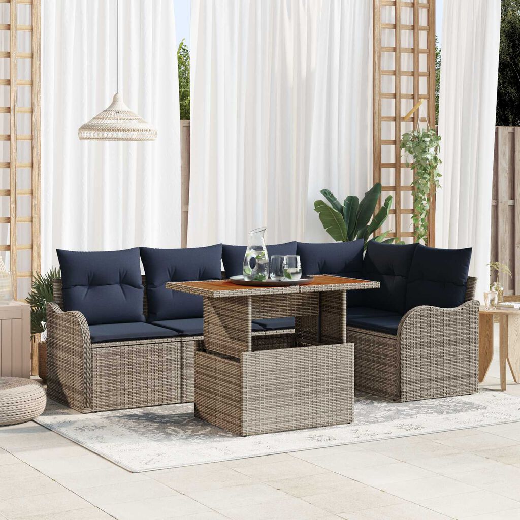 vidaXL 6 Piece Garden Sofa Set with Cushions Grey Poly Rattan Acacia