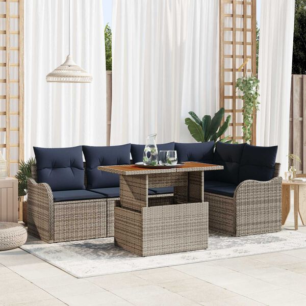 vidaXL 6 Piece Garden Sofa Set with Cushions Grey Poly Rattan Acacia