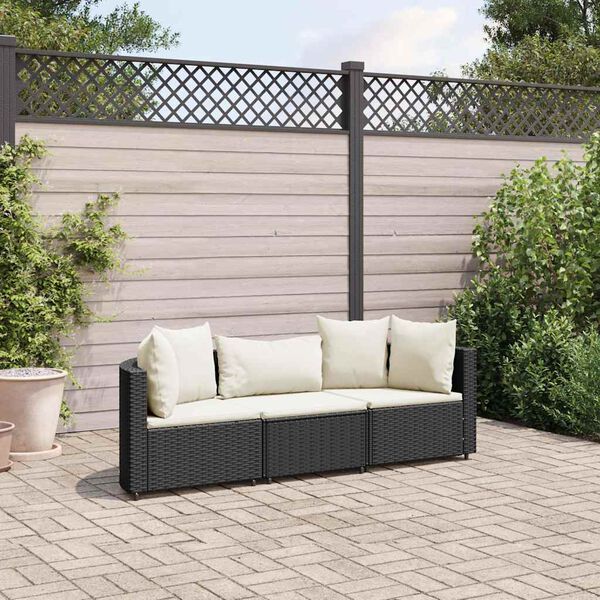 vidaXL 3 Piece Garden Sofa Set with Cushions Black Poly Rattan