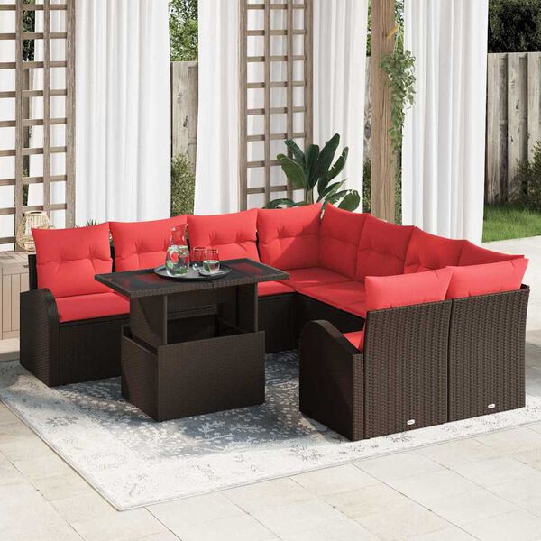 vidaXL Garden Sofa Set with Storage 9 pcs Brown Poly Rattan