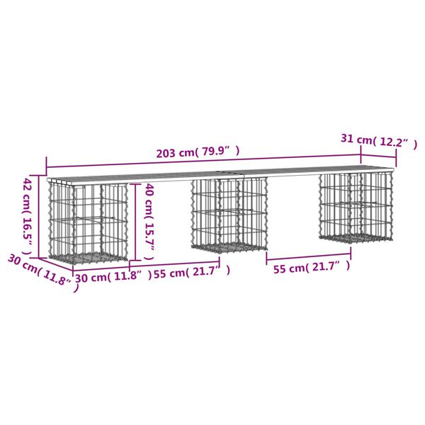 vidaXL Garden Bench Gabion Design 203x31x42 cm Solid Wood Pine