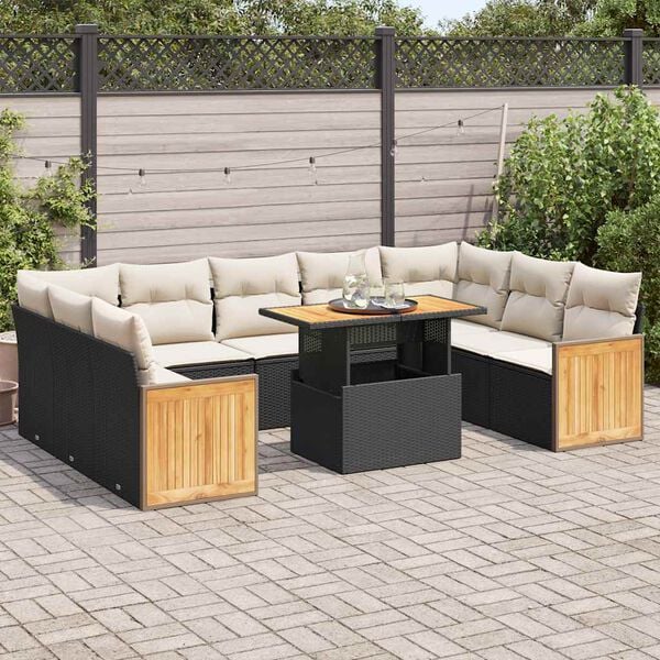 vidaXL 10 Piece Garden Sofa Set with Cushions Black Poly Rattan Acacia