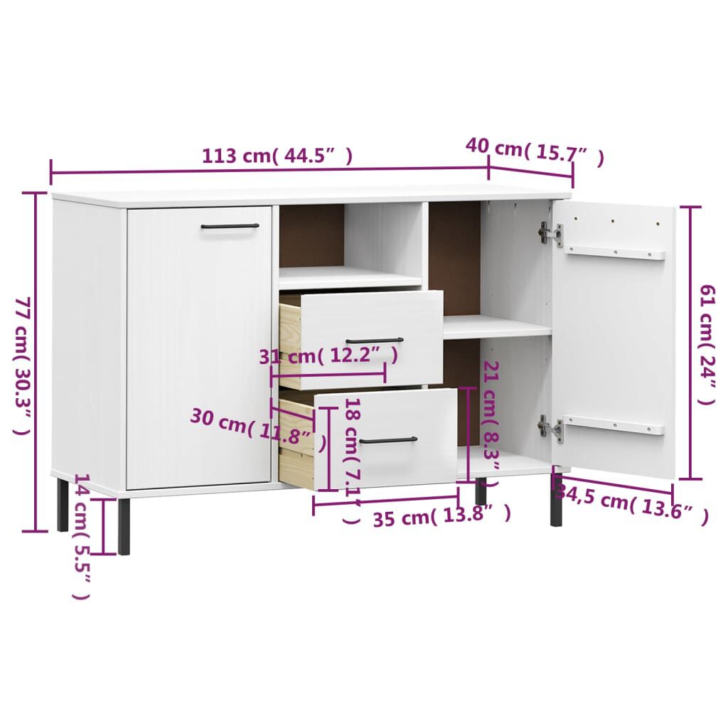 vidaXL Sideboard with Metal Legs White 113x40x77 cm Solid Wood OSLO