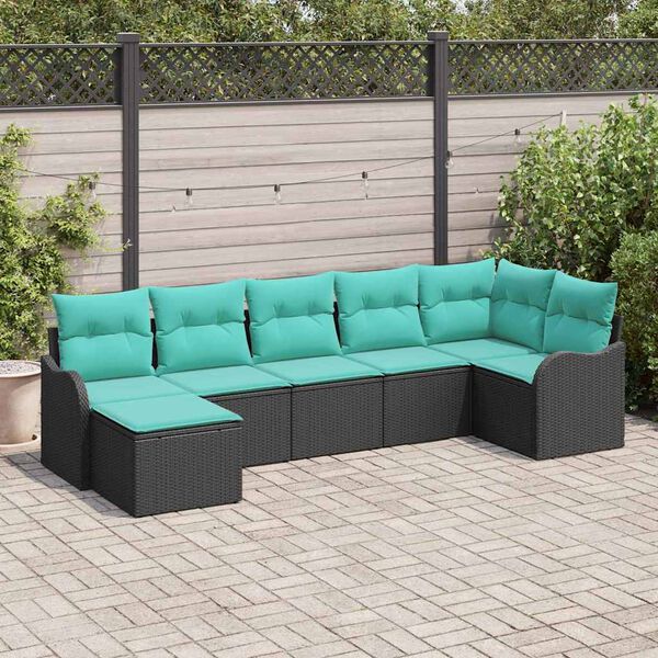 vidaXL Garden Sofa Set 7 pcs Black and Turquoise Poly Rattan