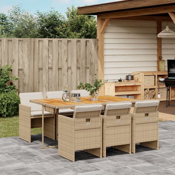 vidaXL 7 Piece Garden Dining Set with Cushions Beige Poly Rattan