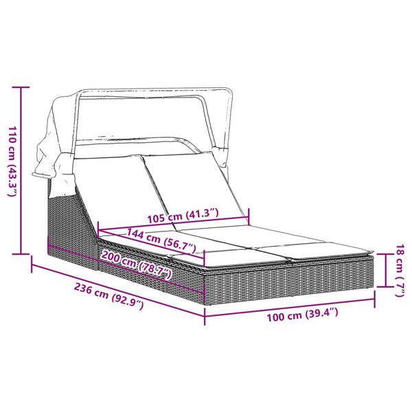 vidaXL Double Sun Lounger with Canopy and Cushions Brown Poly Rattan
