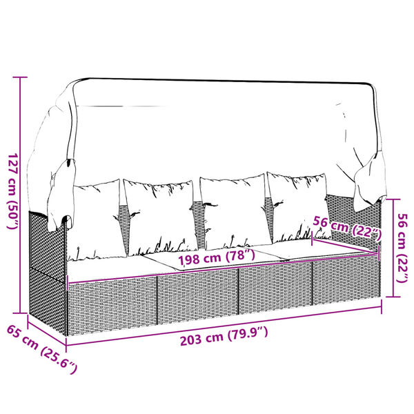 vidaXL Outdoor Lounge Bed with Roof and Cushions Grey Poly Rattan
