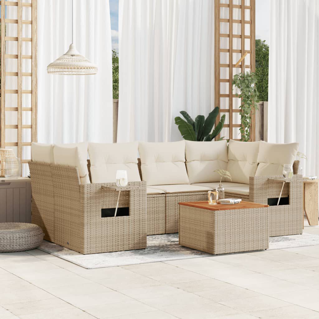 vidaXL 7 Piece Garden Sofa Set with Cushions Beige Poly Rattan