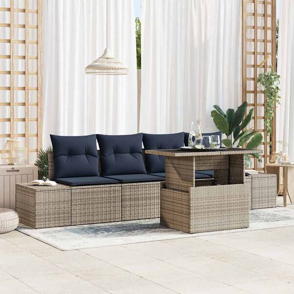 vidaXL Sofa Set with Cushion 5 pcs Grey and Navy Blue Poly Rattan