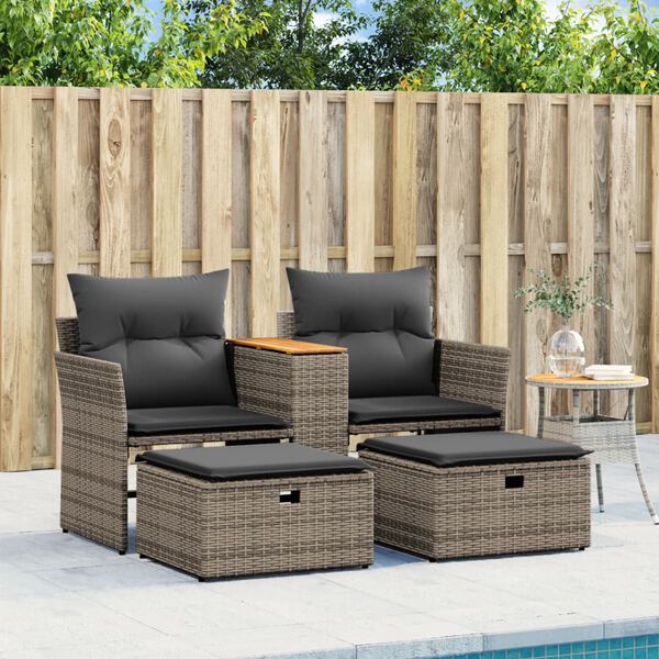 vidaXL Garden Sofa 2-Seater with Stools Grey Poly Rattan
