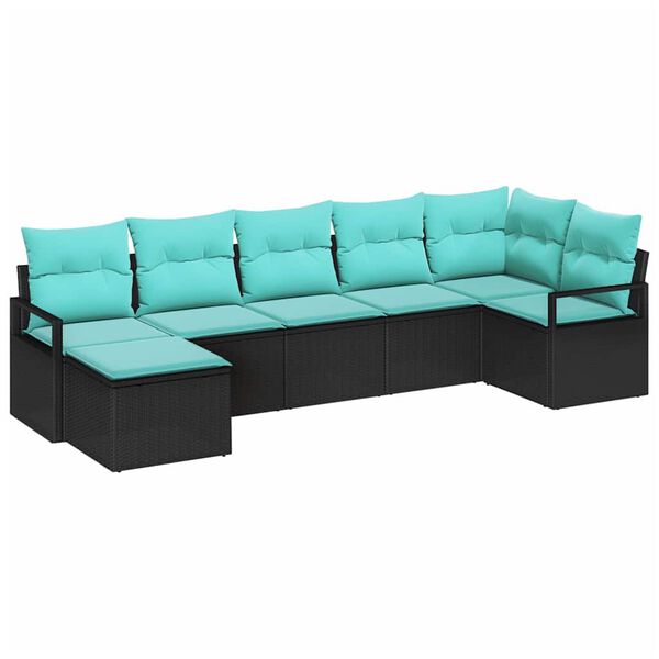 vidaXL Sofa Set with Cushion 7 pcs Black and Turquoise Poly Rattan