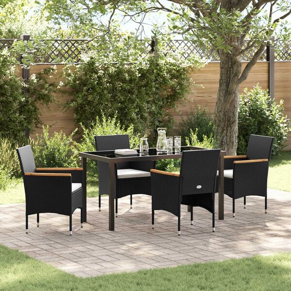 vidaXL Garden Dining Set with Cushion 5 pcs Black Poly Rattan