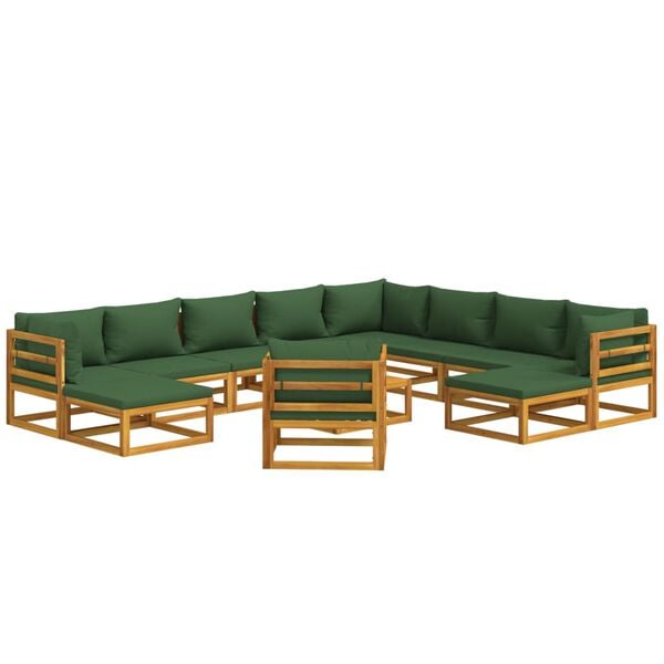 vidaXL 12 Piece Garden Lounge Set with Green Cushions Solid Wood