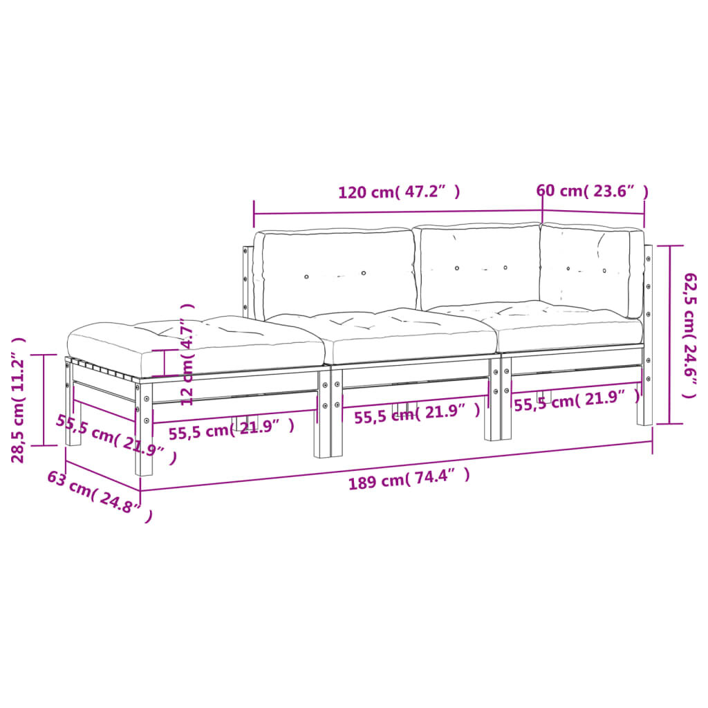 vidaXL Garden Sofa with Cushions and Footstool 3-Seater