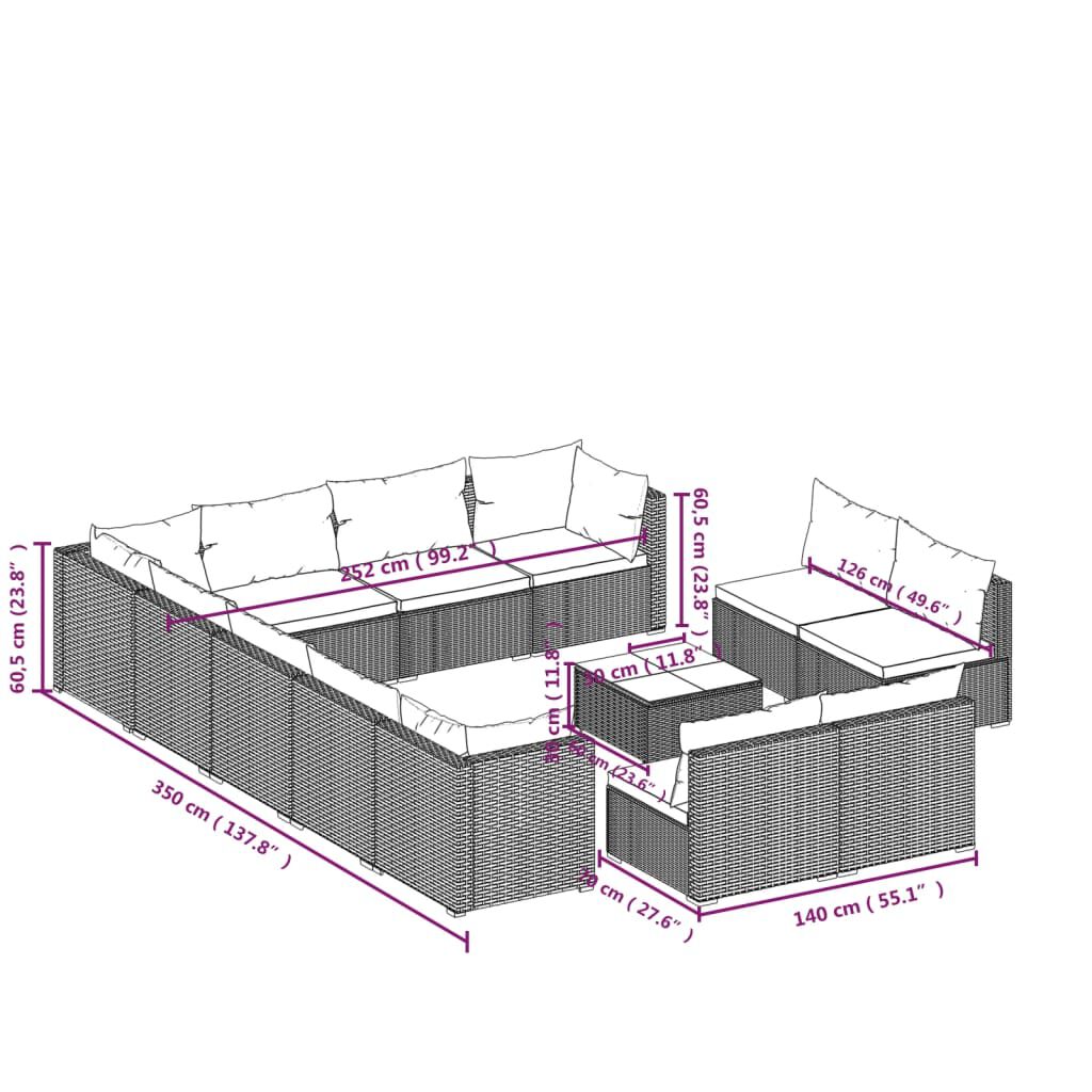 vidaXL 13 Piece Garden Lounge Set with Cushions Grey Poly Rattan