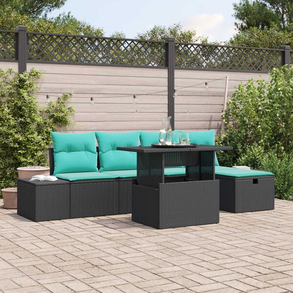 vidaXL 6 Piece Garden Sofa Set with Cushions Black Poly Rattan