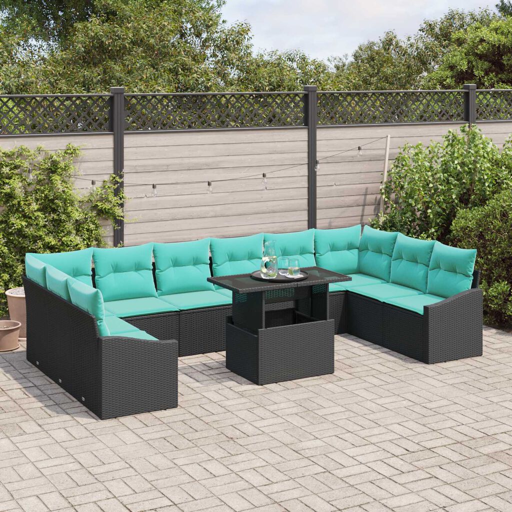 vidaXL 11 Piece Garden Sofa Set with Cushions Black Poly Rattan