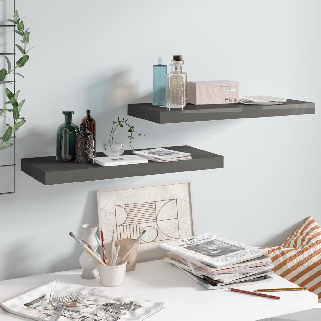 vidaXL Floating Wall Shelves 2 pcs High Gloss Grey 60x23.5x3.8 cm MDF