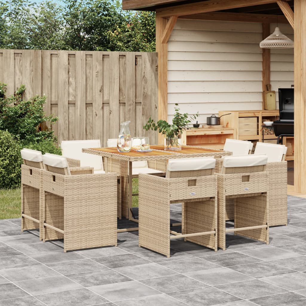 vidaXL 9 Piece Garden Dining Set with Cushions Beige Poly Rattan