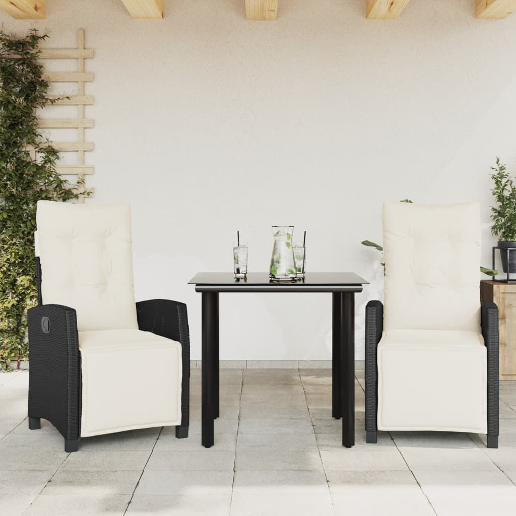 vidaXL 3 Piece Garden Dining Set with Cushions Black Poly Rattan