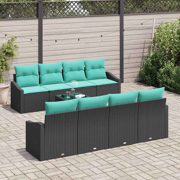 vidaXL Sofa Set with Cushion 9 pcs Black and Turquiose Poly Rattan