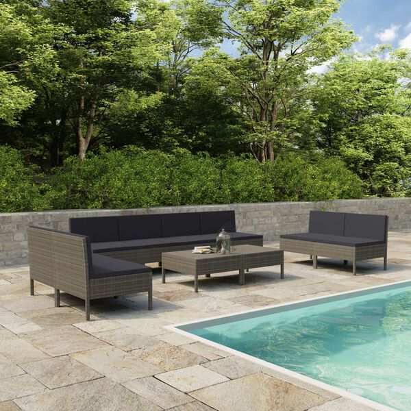 vidaXL 10 Piece Garden Lounge Set with Cushions Poly Rattan Grey