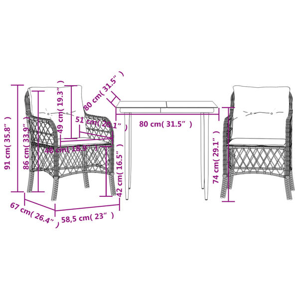 vidaXL 3 Piece Bistro Set with Cushions Grey Poly Rattan