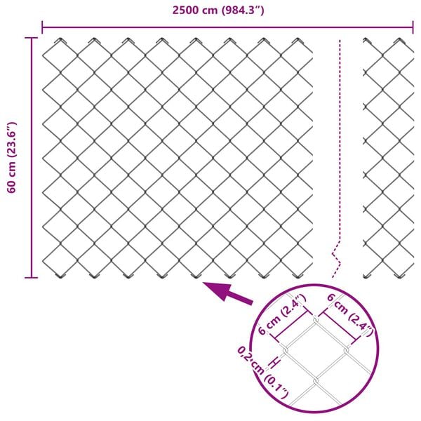 vidaXL Chain Link Fence Silver 25 x 0.6 m Galvanised steel