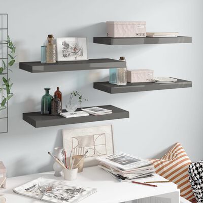 vidaXL Floating Wall Shelves 4 pcs High Gloss Grey 60x23.5x3.8 cm MDF