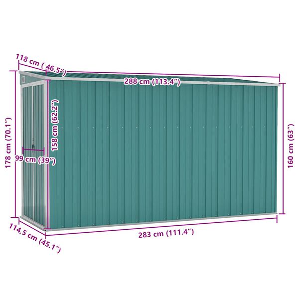 vidaXL Wall-mounted Garden Shed Green 118x288x178 cm Galvanised Steel
