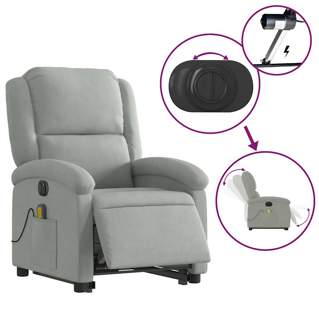 vidaXL Electric Stand up Massage Recliner Chair Light Grey Velvet